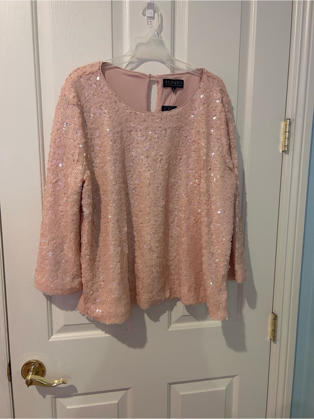 Eloquii Blush Pink Sequin Long-Sleeve Scoop-Neck Top